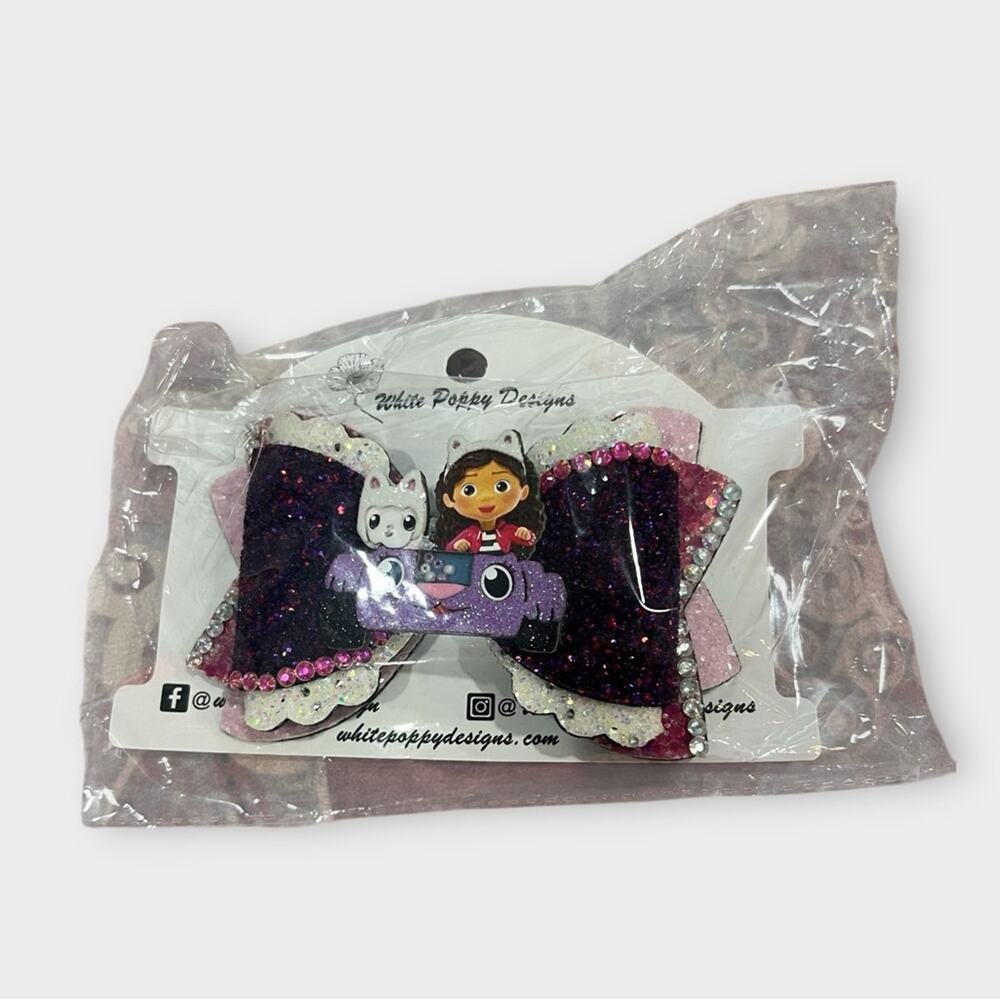 White Poppy Designs Gabby’s Dollhouse Glitter Bow 3d sparkle handmade Hair Clip